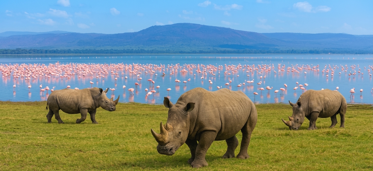 Rhinos at Lake Nakuru — White rhinos grazing peacefully on the shores of Lake Nakuru.