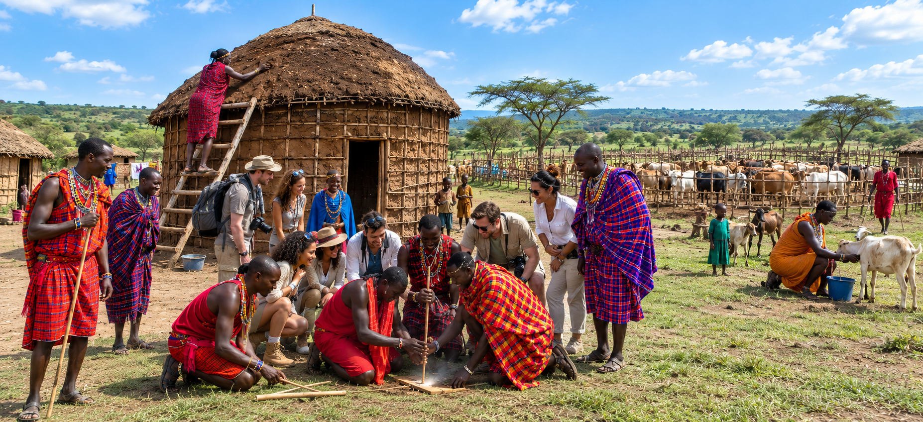Maasai Beaded Crafts — Maasai women weaving intricate, colorful traditional beaded jewelry.